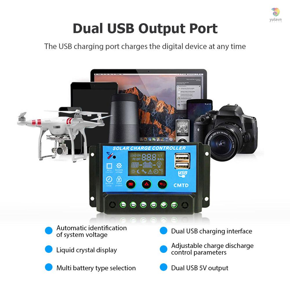 Bộ Điều Khiển Sạc Năng Lượng Mặt Trời Hai Cổng USB 20A 12 / 24V Màn Hình LCD