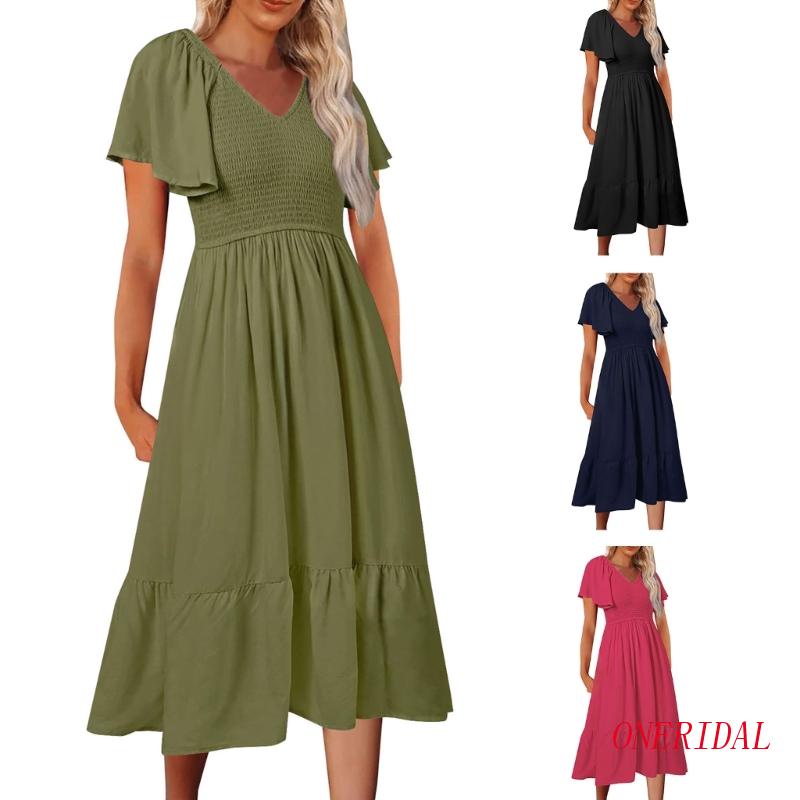 Đầm Dài Lưng Cao Co Giãn Màu Trơn Nhún Bèo Xinh Xắn