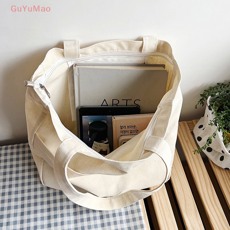 [cxGUYU] Túi Tote Xách Tay Đeo Vai Bằng Vải Bạt Cotton Sức Chứa Lớn Màu Trơn Tái Sử Dụng Được Cho Nữ PRTA