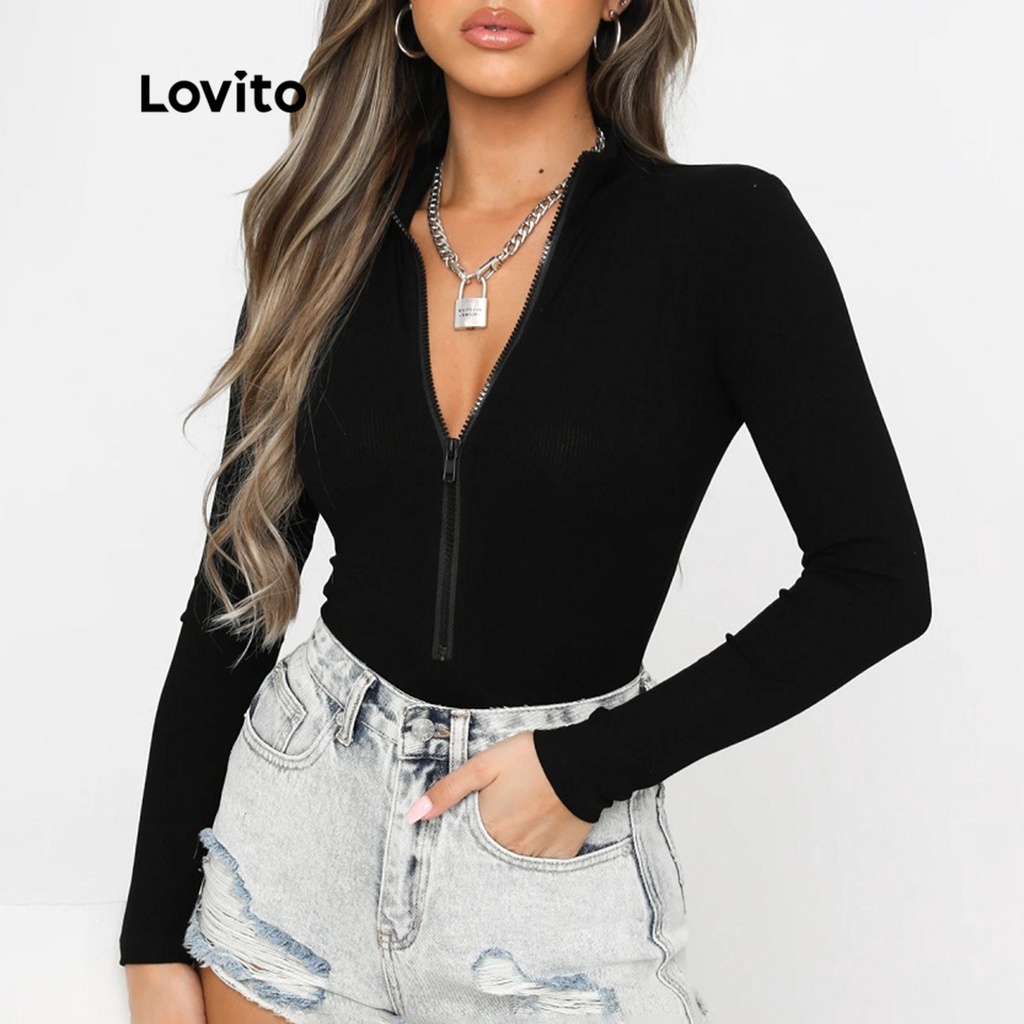 Bộ đồ liền thân Lovito tay dài trơn có khóa kéo kiểu dáng cơ bản cho nữ LNE01039 (màu đen)