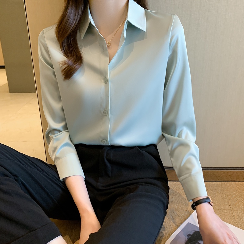 Áo Sơ Mi Vải Satin Bóng Tay Dài Màu Trơn Thời Trang Mùa Hè Cho Nữ