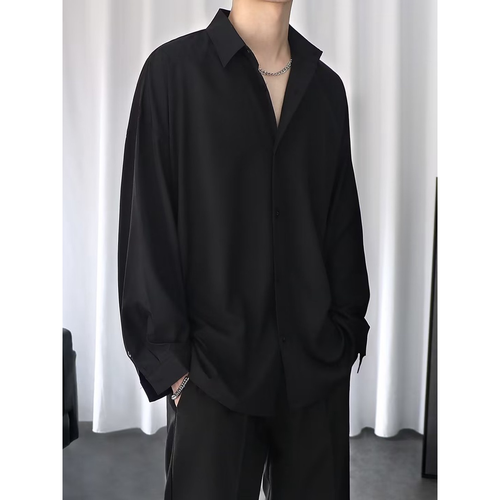 Áo Sơ Mi Tay Dài Dáng Rộng Màu Sắc Đơn Giản Thời Trang Công Sở Cao Cấp Cho Nam