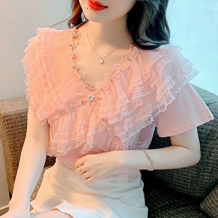 Áo Thun Ngắn Tay Cổ Chữ V Phối Ren Bèo Đính Hạt Ngọt Ngào Thời Trang Mùa Hè Phong Cách Mới 2023