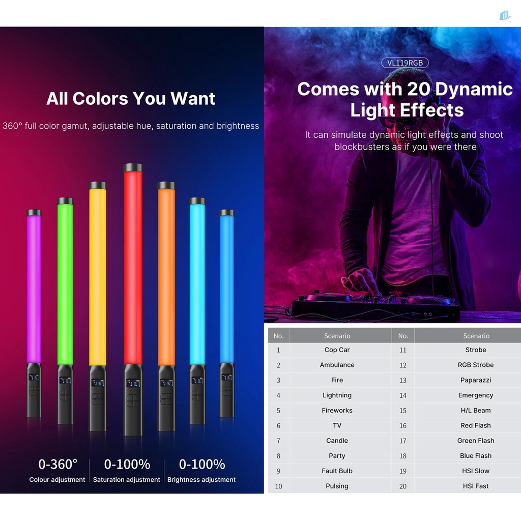 Gậy Đèn LED Video Ulanzi VL119 RGB 2500K-9000K 20 Hiệu Ứng Ánh Sáng Tích Hợp Pin Chuyên Dụng Hỗ Trợ Live Stream