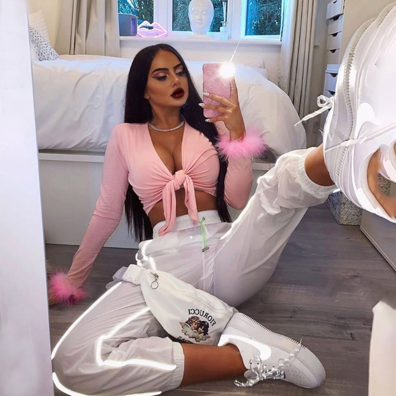 Áo Croptop Tay Dài Cổ Chữ V Phối Lông Thời Trang Quyến Rũ Cho Nữ