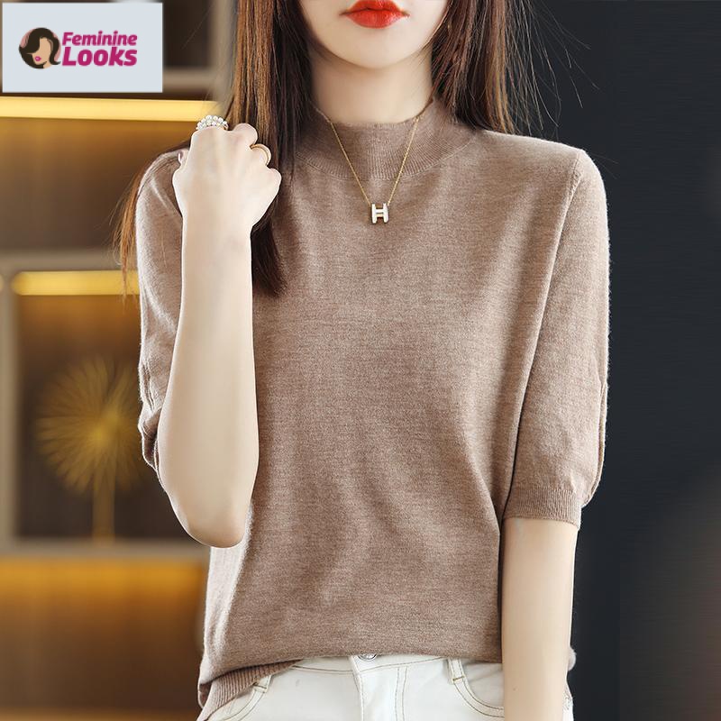 Áo Thun Dệt Kim Tay Ngắn Cổ Cao Dáng Rộng Vải Lụa Lạnh Mỏng Thời Trang Cao Cấp