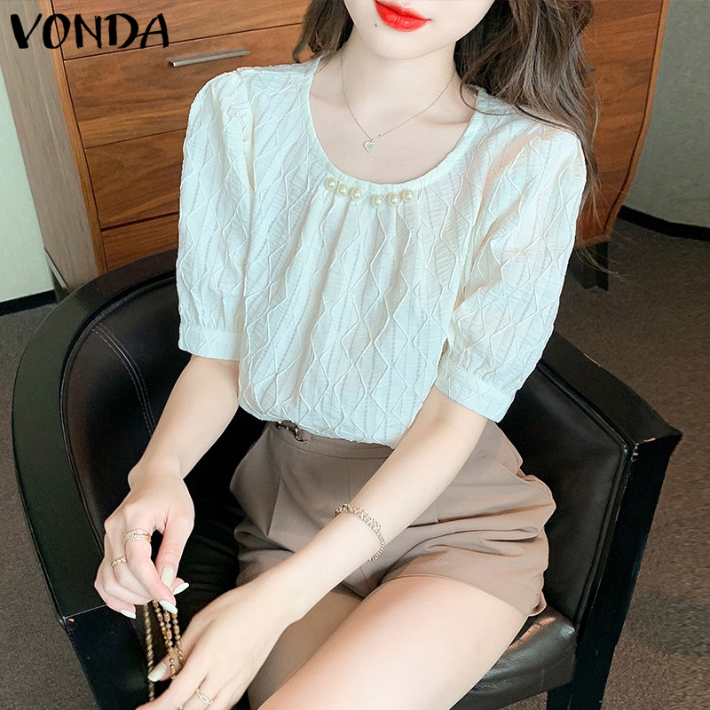 Áo kiểu VONDA tay ngắn phồng cổ tròn thời trang Hàn Quốc cho nữ