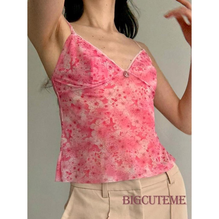 Áo Sát Nách Cổ Chữ V Xuyên Thấu In Họa Tiết Hoa Phong Cách Đường Phố Thời Trang Mùa Hè Cho Nữ