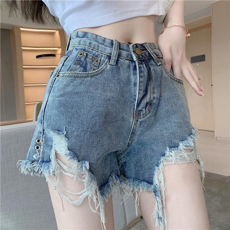 Quần Short Denim Mỏng Dáng Chữ A Lưng Cao Phối Rách Thời Trang Mùa Hè 2023 Cho Nữ