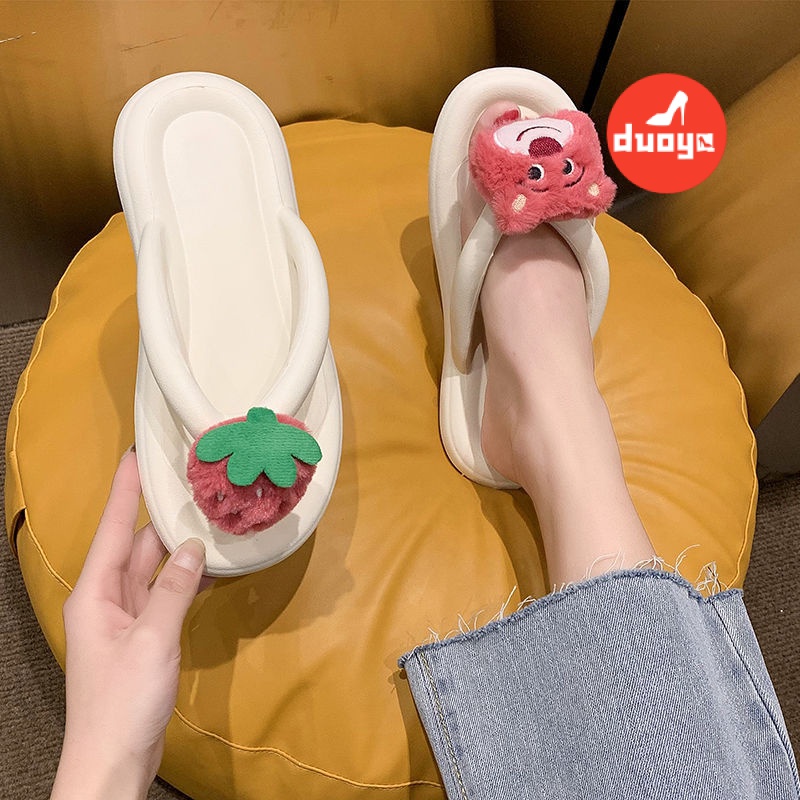 Duoya Tóc Thẳng ~ [Hàng Có Sẵn] Dép Xỏ Ngón Đi Biển Mùa Hè Dày Dặn Họa Tiết Gấu Dâu Tây Dễ Thương Cho Nữ Giao Hàng Miễn