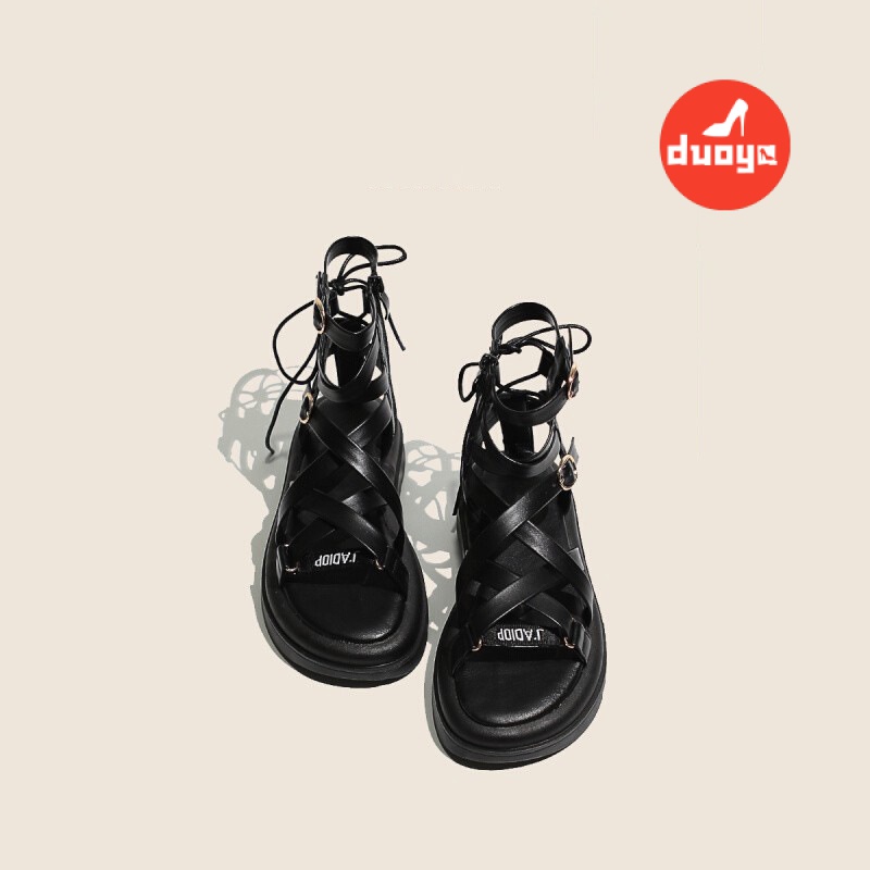 Duoya Tóc Thẳng ~ [Hàng Có Sẵn] Sandal Roman Hở Ngón Đế Dày Bằng Da Mềm Chống Trượt Có Khóa Kéo Bên Hông Dành Cho Nữ