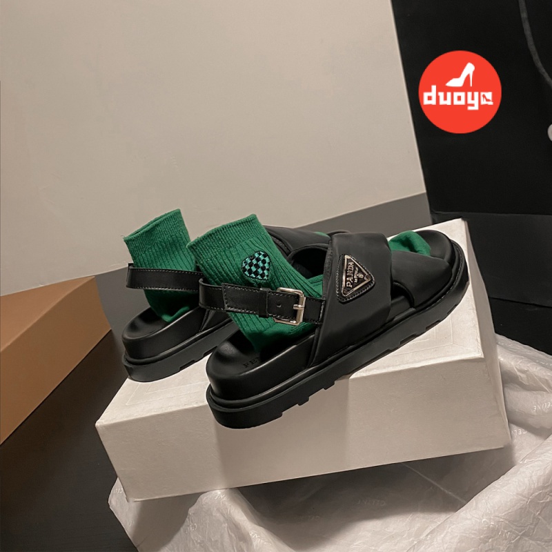 Duoya Tóc Thẳng ~ [Hàng Có Sẵn] Dép Sandal Đế Dày Quai Chéo Bằng Vải Da Thật Mềm Mại Logo Tam Giác Phong Cách Roman Cho Nữ Miễn Phí Vận Chuyển