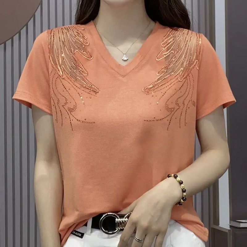 Áo Thun Ngắn Tay Cổ Chữ V Thêu Họa Tiết Thời Trang Mùa Hè 2023 Cho Nữ Ốp