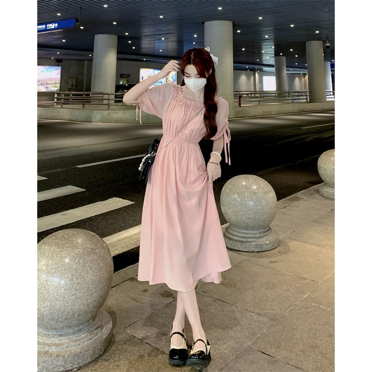 Đầm MIDI Mùa Hè Ôm Eo Một Bên Vai Diềm Xếp Nếp Tay Lửng Cho Nữ