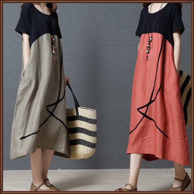 Đầm Cổ Tròn Size Lớn Phối Màu Thời Trang Mùa Hè Cho Nữ