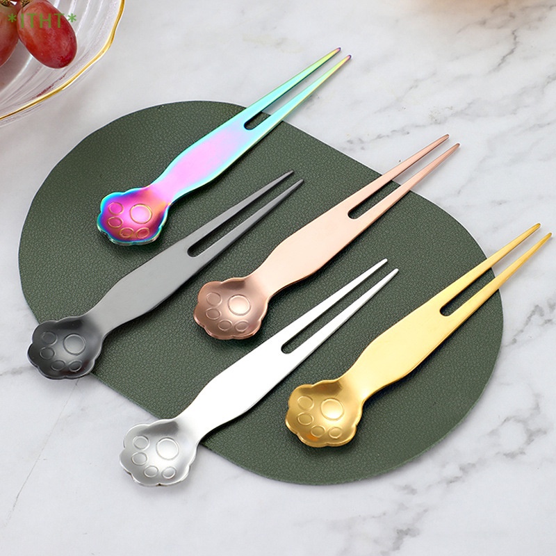 Bộ Muỗng Nĩa Ăn Tráng Miệng Bằng Thép Không Gỉ Hình Chân Mèo Dễ Thương Mới