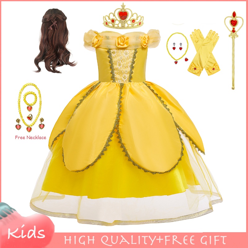 Đầm Công Chúa Belle Phối Lưới Đính Kim Sa Màu Vàng Làm Quà Tặng Sinh Nhật / Halloween Cho Bé Gái