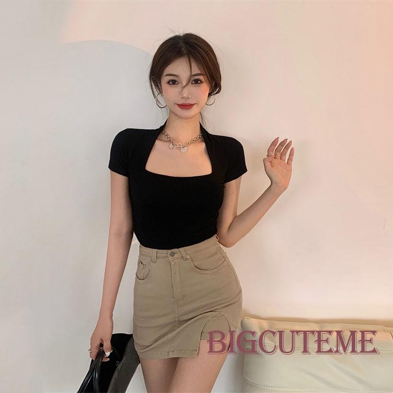 Áo Thun Crop Top Tay Ngắn Dáng Ôm Màu Trơn Thời Trang Mùa Hè Xinh Xắn Cho Nữ