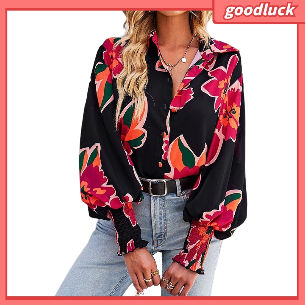 Áo Sơ Mi Tay Dài Phồng Xếp Ly Cài Một Hàng Khuy Co Giãn In Họa Tiết Hoa Thời Trang Công Sở