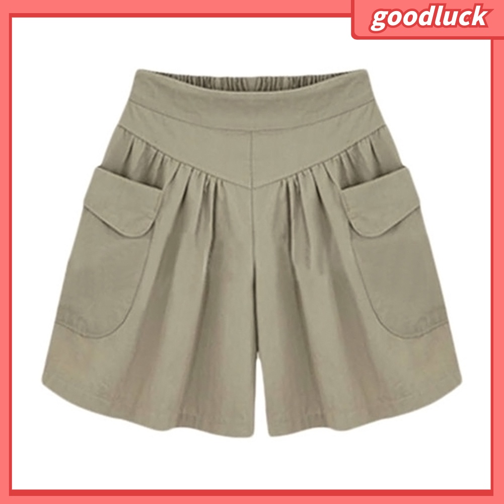 Quần Short Lưng Thun Ống Rộng Màu Trơn Phối Túi Thời Trang Mùa Hè Dành Cho Nữ Plus Size