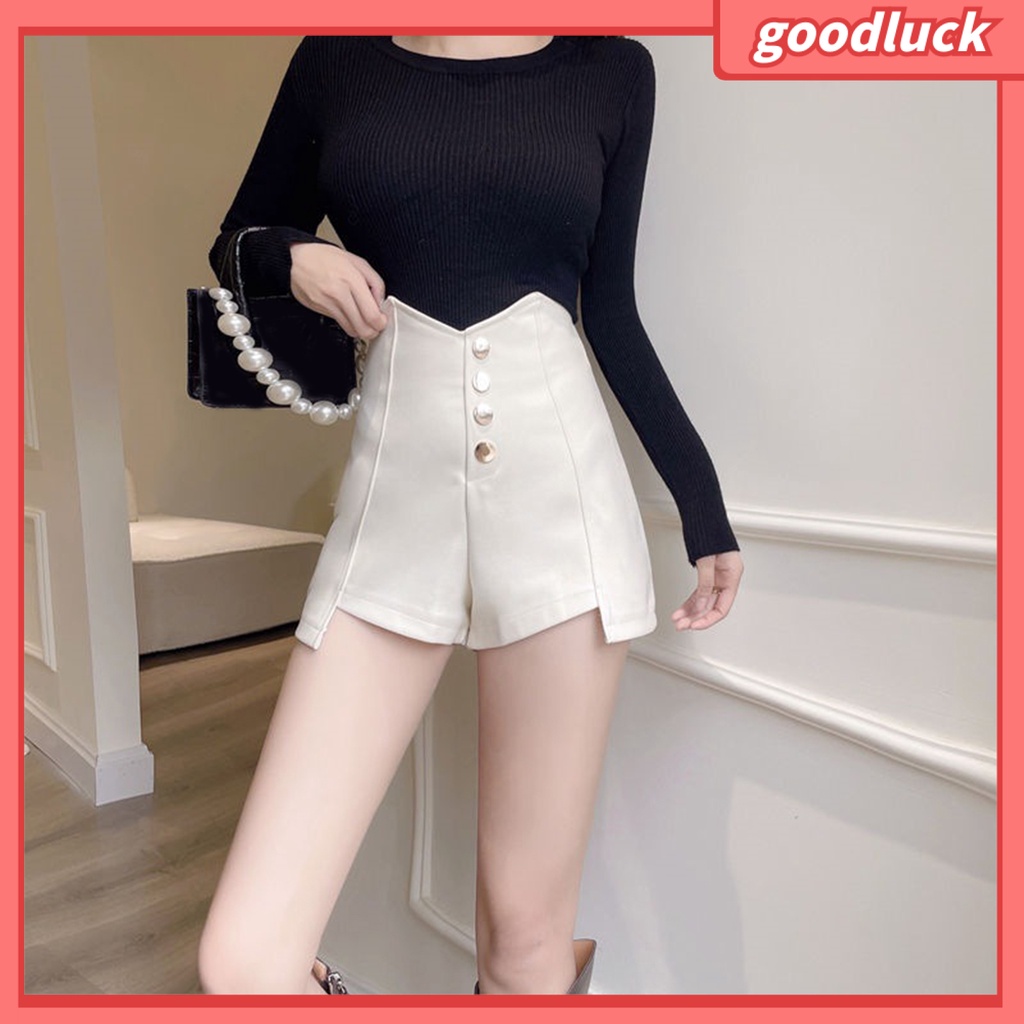 Quần Short Lưng Cao Màu Trơn Phối Nút Co Giãn Tốt Plus Size Thời Trang Đường Phố Cá Tính Cho Nữ