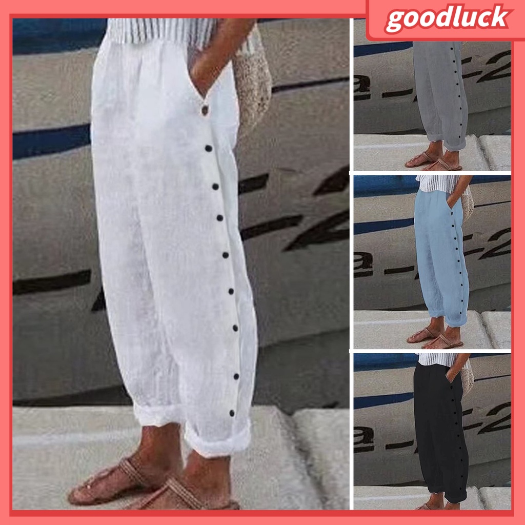 [ULK] Quần Dài Dáng Rộng Lưng Thun Màu Trơn Có Hai Túi Cài Nút Trang Trí Mặc Hàng Ngày Đơn Giản Cho Nữ