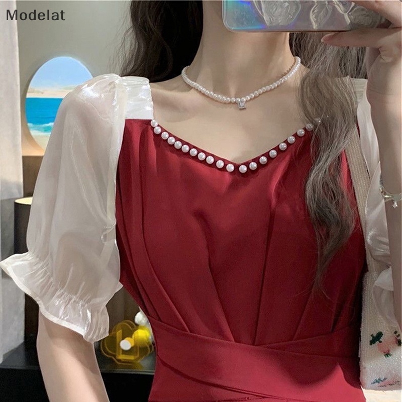 Đầm Midi Cổ Vuông Tay Ngắn Cột Dây Đính Hạt Ngọc Trai Thời Trang Mùa Hè Xinh Xắn Cho Nữ