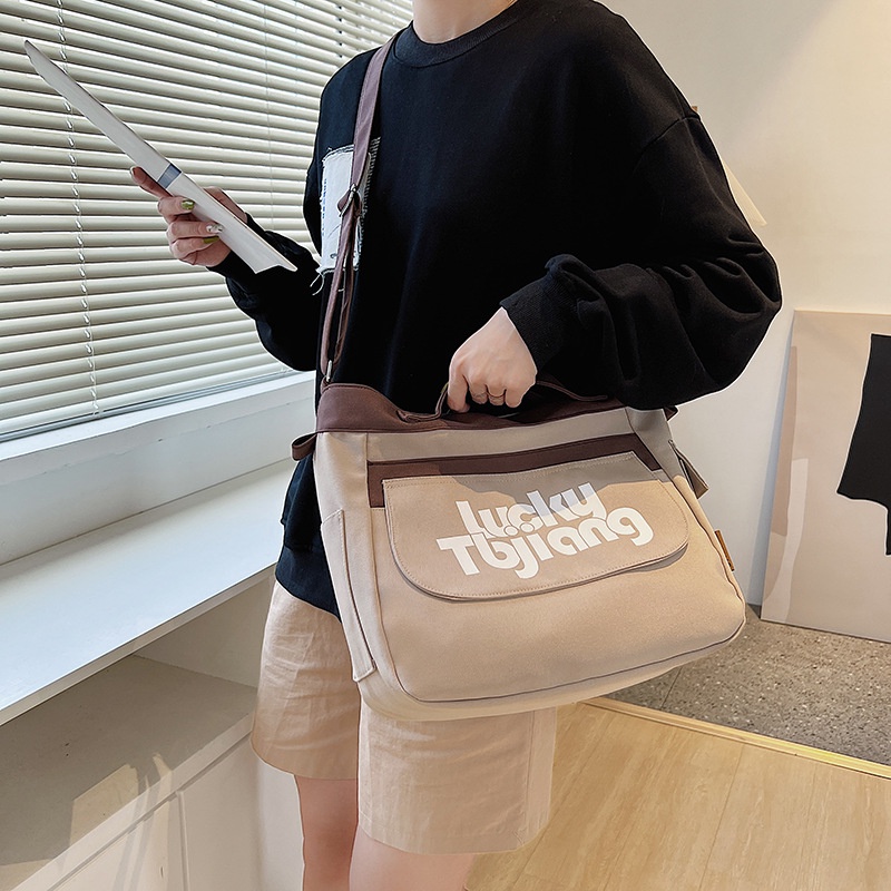 Túi Xách Canvas Nhiều Ngăn In Chữ Phong Cách Nhật Bản 39X33