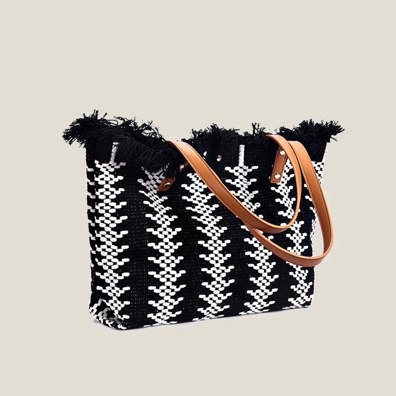 Túi tote Dệt Kim Đeo Vai Sức Chứa Lớn Phối Tua Rua Thời Trang Cho Nữ