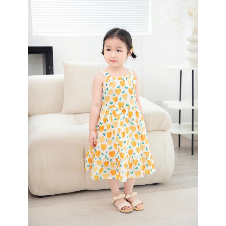 Váy Bé Gái CARROT Hai Dây Bèo Ngực, Họa Tiết Tim Vàng, Chất Liệu Thô Cotton Thấm Hút Mồ Hôi Tốt