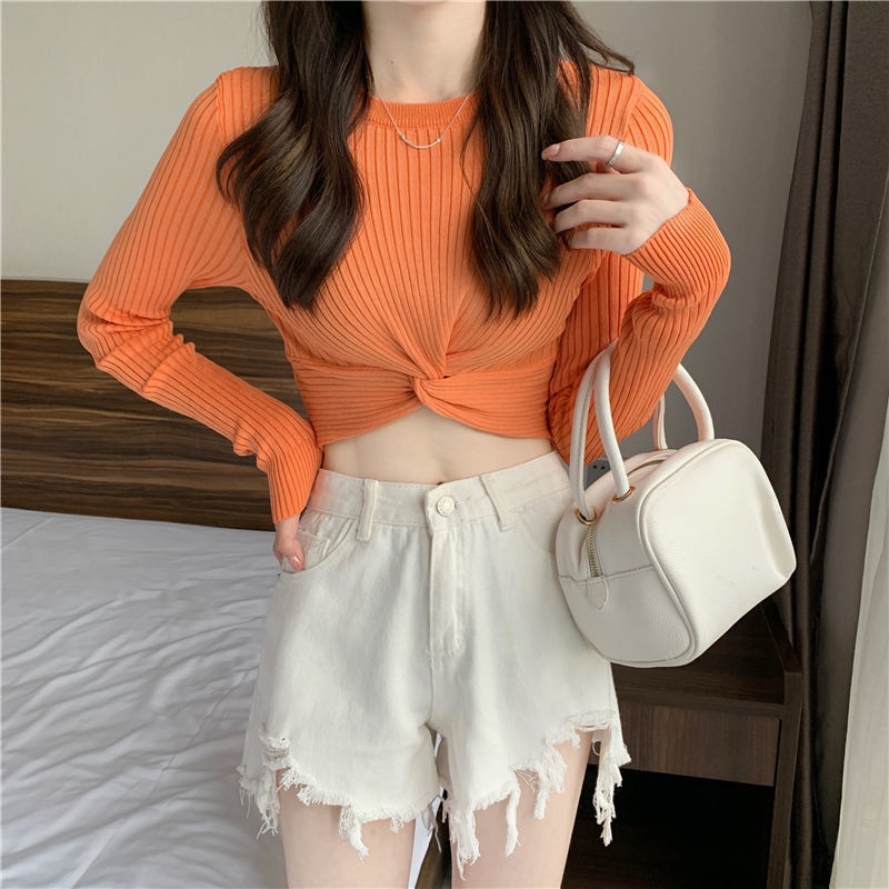 CheeseBunny Áo Dệt Kim Tay Dài Thiết Kế Đan Chéo Ngực Quyến Rũ