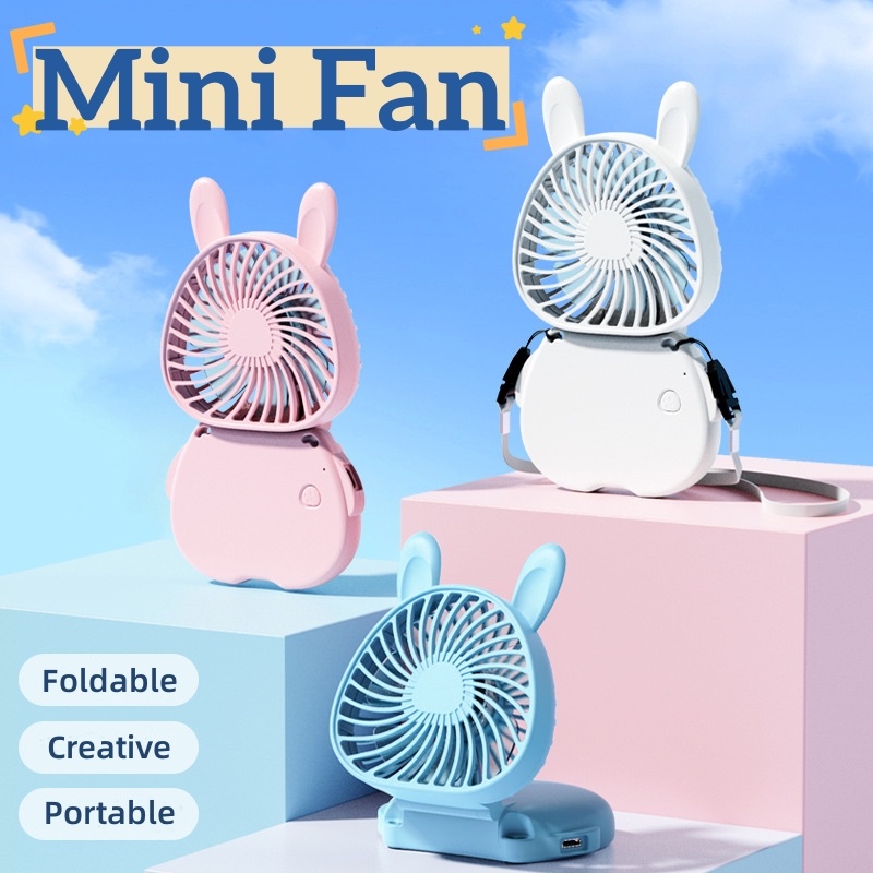 Quạt USB Mini Đeo Cổ Hình Thỏ Dễ Thương Đa Năng Có Thể Gấp Gọn Kèm Dây Đeo Tiện Dụng