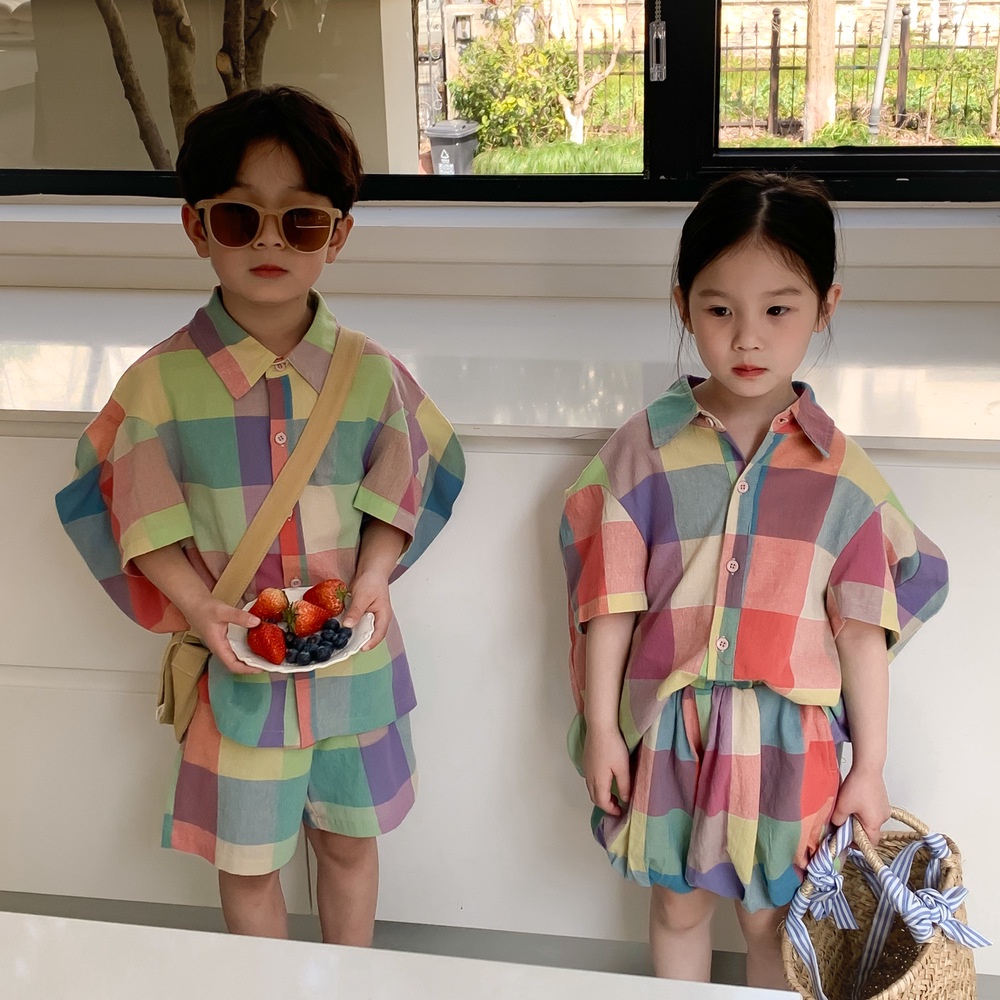 Set Áo Sơ Mi Kẻ Sọc Caro Nhiều Màu Sắc Bộ đồ trẻ em bộ bé gái bộ vest bé trai