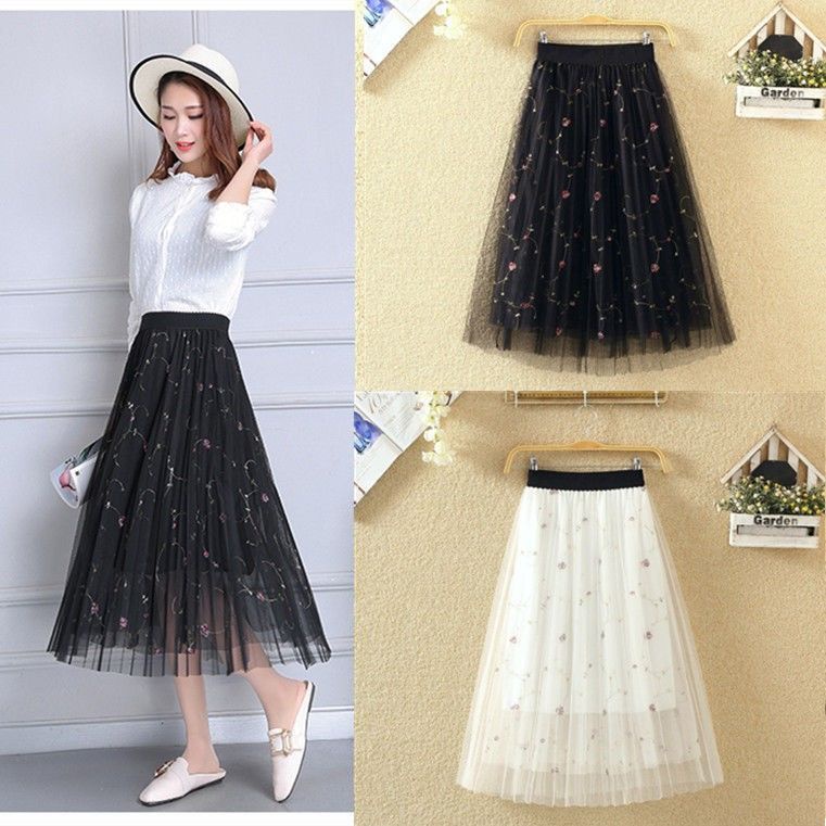 Chân Váy Chữ A Lưng Cao Phối Lưới Họa Tiết Hoa Thêu Thời Trang Cho Nữ