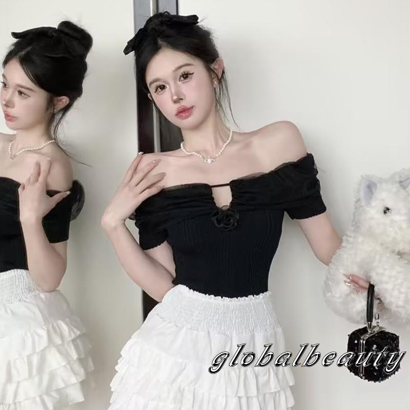 Áo Thun Tay Ngắn Hở Vai Màu Trơn Họa Tiết Hoa 3D Dành Cho Nữ