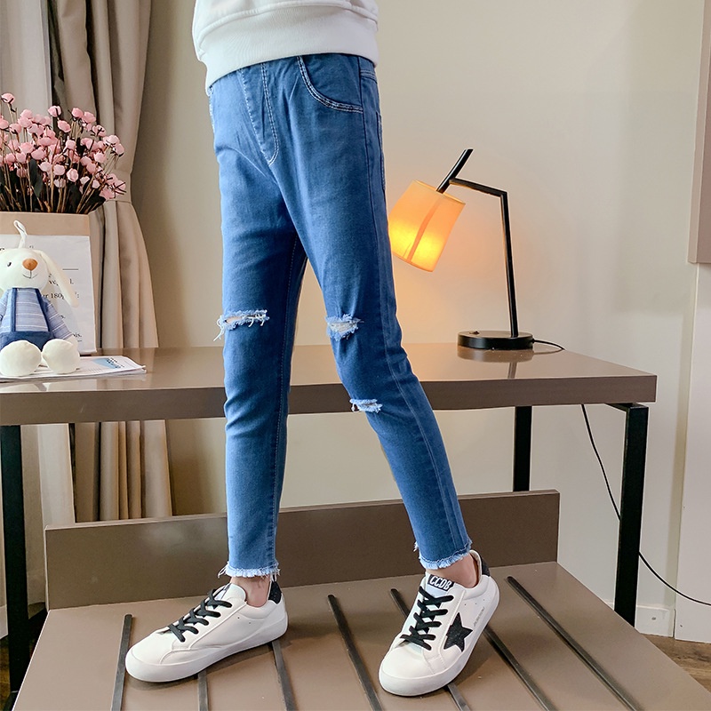 Quần jean dài IQ ANGEL dáng bút chì thiết kế rách co giãn tốt thời trang cho bé gái