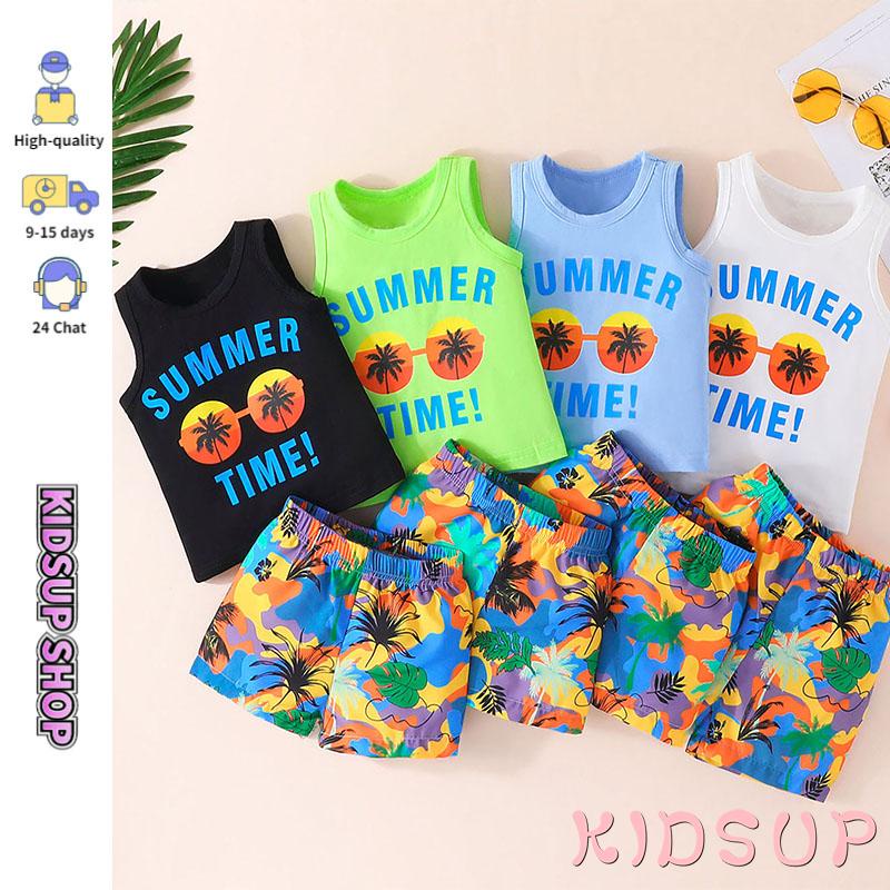 Set Áo Thun Ba Lỗ + Quần Short In Hình Lá Cho Bé Trai 1 Tuổi