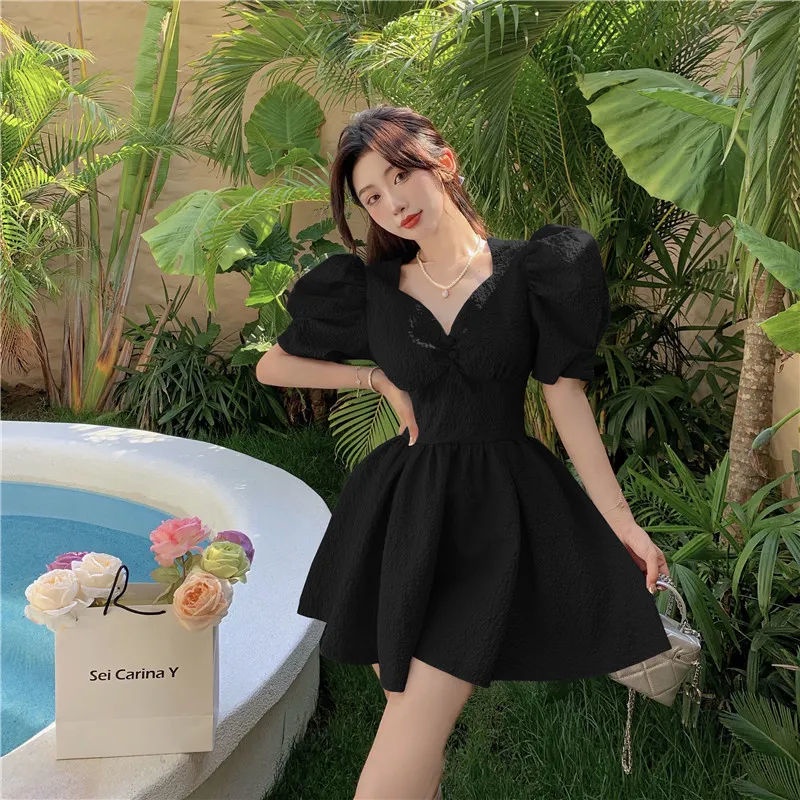 COZOK Đầm Tay Phồng Cổ Chữ V Xinh Xắn Theo Phong Cách retro