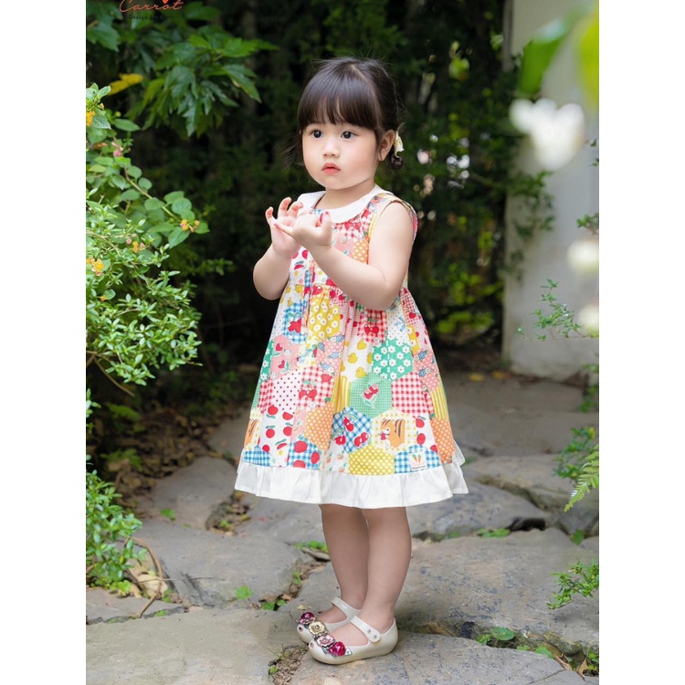 Váy Bé Gái CARROT Cổ Sen, Không Tay , Họa Tiết Hoạt Hình Kim Cương, Chất Liệu Thô Cotton Thấm Hút Mồ Hôi Tốt