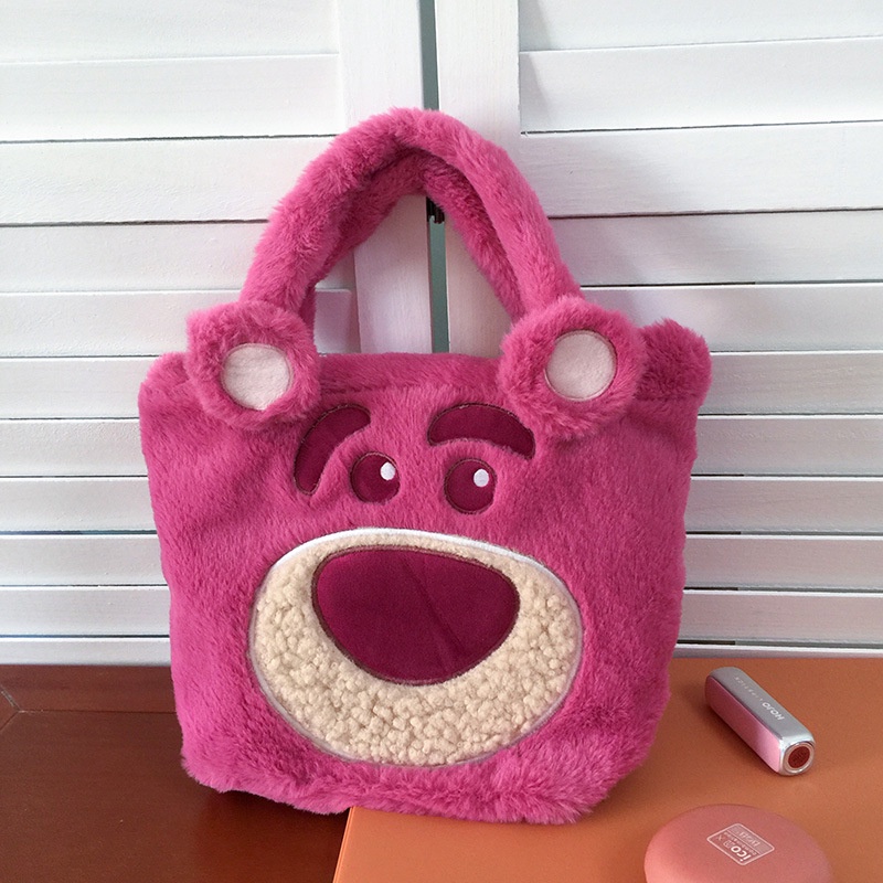 Túi Xách Lông Nhung Mềm Sức Chứa Lớn Họa Tiết Gấu Hoạt Hình Dễ Thương Cho Nữ