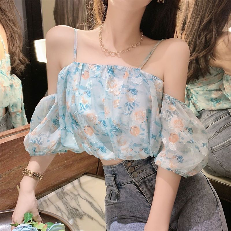 IELGY   Áo Sơ Mi Mỏng Tay Ngắn Phồng Phong Cách Pháp Cổ Điển Thời Trang Cho Nữ