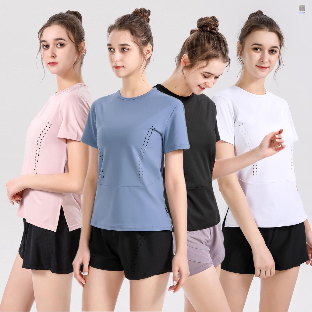 Áo Thun Tay Ngắn Cổ Tròn Dáng Rộng Co Giãn Thoáng Khí Màu Trơn Thời Trang Cho Nữ