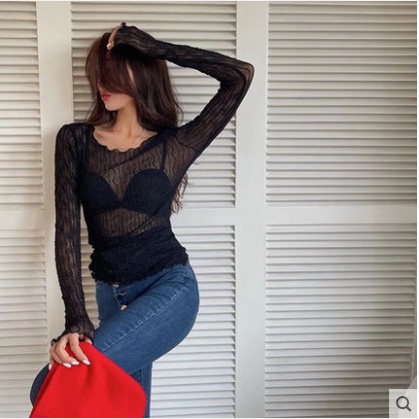 Áo lưới ren mỏng tay dài cổ tròn thời trang cho nữ MS275