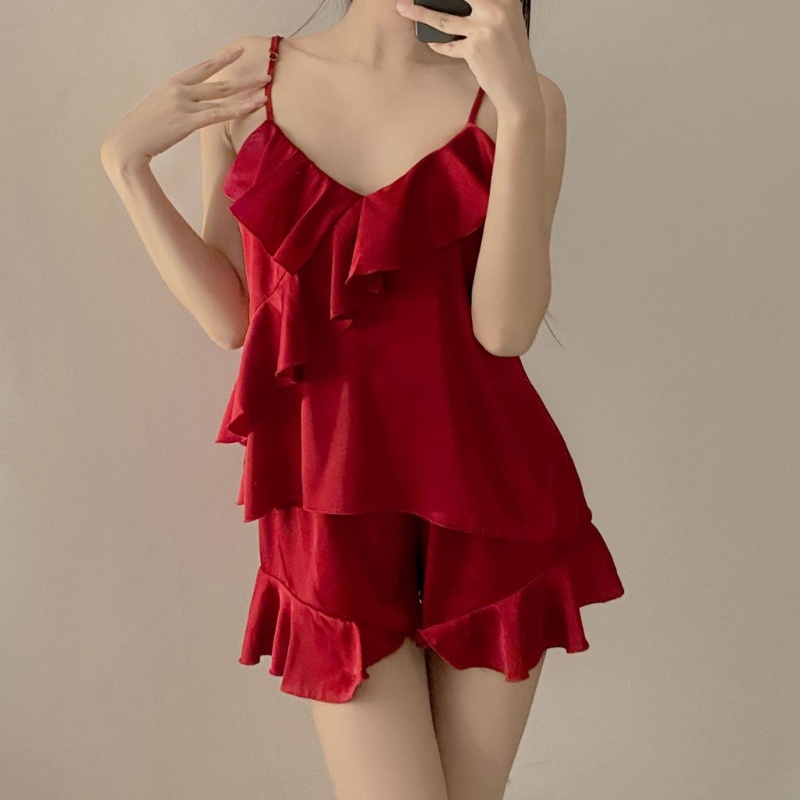 Bộ Đồ Ngủ 2 Món Áo Không Tay Viền Lá Sen Màu Trơn Thoáng Khí Phối Quần Short Thời Trang Mùa Hè Cho Bạn Gái