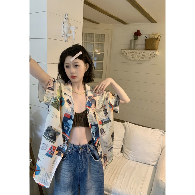 Áo Sơ Mi Nữ Ngắn Tay In Họa Tiết vintage Thời Trang
