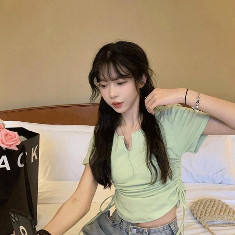 NZN Áo Thun Tay Ngắn Cổ Chữ V Màu Trơn Phối Dây Rút Thời Trang Quyến Rũ Cho Nữ