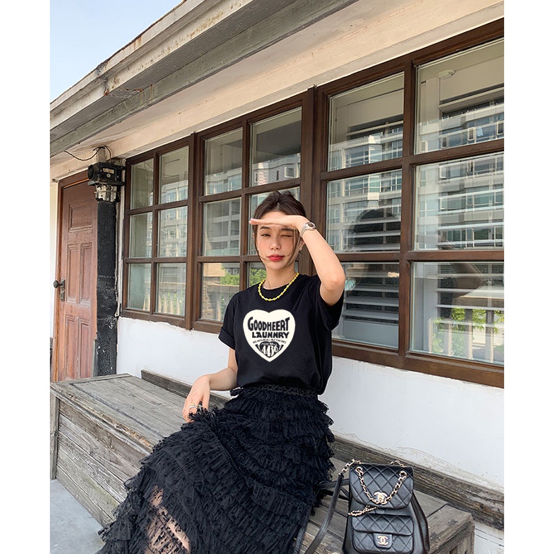 Áo Thun 100% Cotton Tay Ngắn Cổ Tròn In Họa Tiết Phong Cách Hàn Quốc Cho Nữ