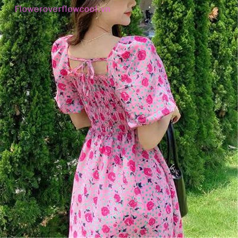 Đầm Chữ A Tay Ngắn Phồng Cổ Vuông In Họa Tiết Hoa Thời Trang Mùa Hè Phong Cách Hàn Quốc Dành Cho Nữ