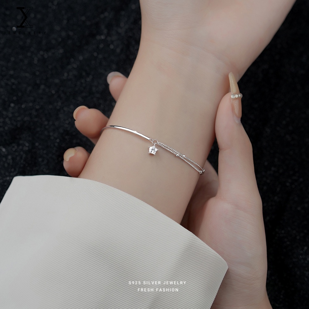Vòng Tay Mạ Bạc 100% S925 Hai Lớp Đính Hạt Hình Ngôi Sao Lấp Lánh Thời Trang Dành Cho Nữ