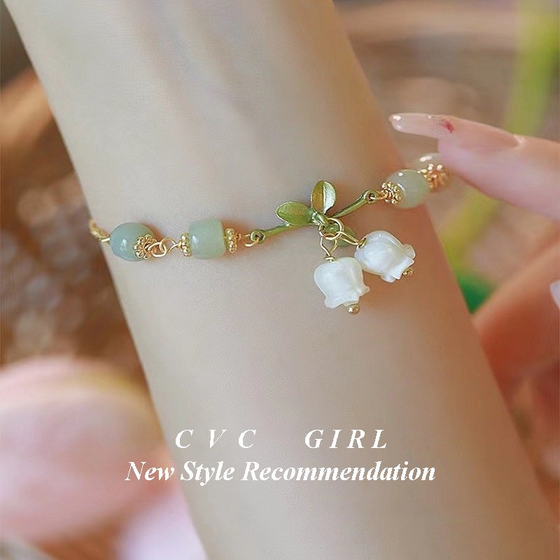 Vòng Tay Chuỗi Hạt Ngọc Bích Giả Hình Hoa Lily Phong Cách Cổ Tích ins Niche Thời Trang Cho Nữ